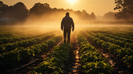 agriculture fields with farmer working at sunrise the crops on sunny dayの素材