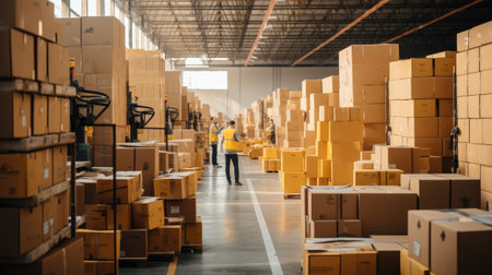 warehouse worker team working in logistics with shelves and boxes smilingの素材