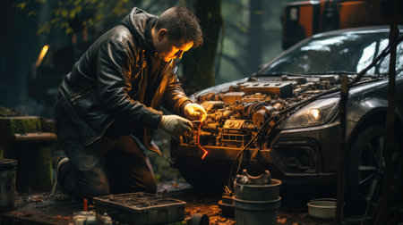 mechanic working on car engine alone in garage with toolsの素材