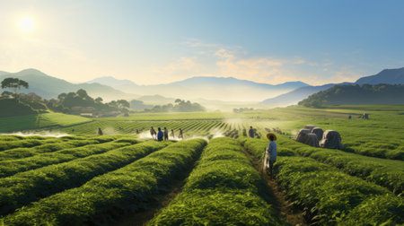 agriculture fields with farmer working at sunrise the crops on sunny dayの素材