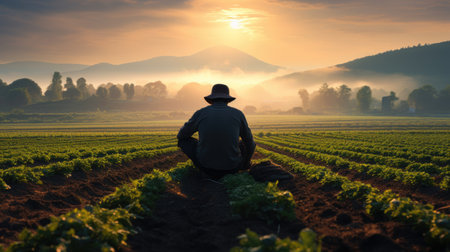 agriculture fields with farmer working at sunrise the crops on sunny dayの素材