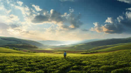 agriculture fields with farmer working at sunrise the crops on sunny dayの素材