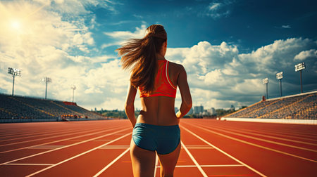 fit attractive young woman athlete on track portrait in summerの素材