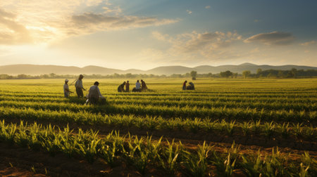 agriculture fields with farmer working at sunrise the crops on sunny dayの素材