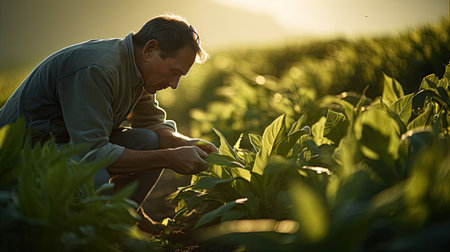 agriculture fields with farmer working at sunrise the crops on sunny dayの素材