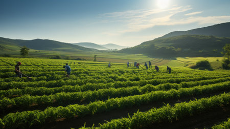 agriculture fields with farmer working at sunrise the crops on sunny dayの素材