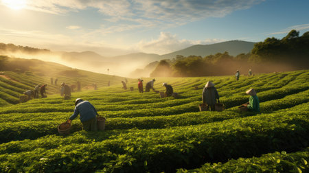 agriculture fields with farmer working at sunrise the crops on sunny dayの素材