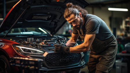 mechanic working on car engine alone in garage with toolsの素材