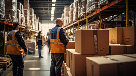 warehouse worker team working in logistics with shelves and boxes smilingの素材
