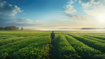 agriculture fields with farmer working at sunrise the crops on sunny dayの素材