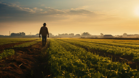 agriculture fields with farmer working at sunrise the crops on sunny dayの素材