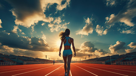 fit attractive young woman athlete on track portrait in summerの素材