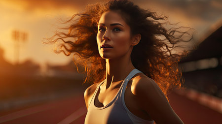 fit attractive young woman athlete on track portrait in summerの素材