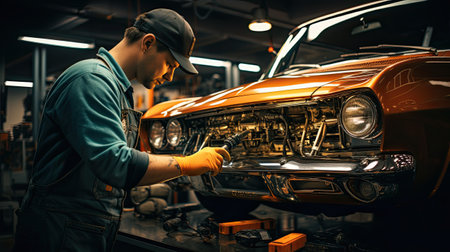mechanic working on car engine alone in garage with toolsの素材