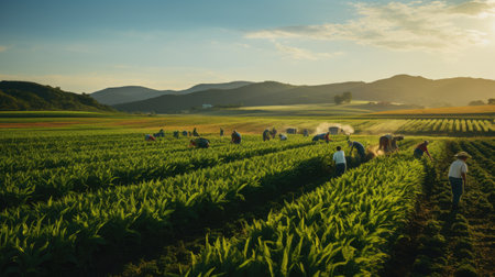 agriculture fields with farmer working at sunrise the crops on sunny dayの素材