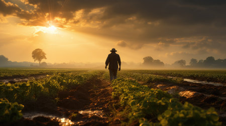agriculture fields with farmer working at sunrise the crops on sunny dayの素材