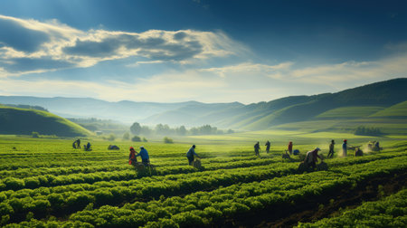 agriculture fields with farmer working at sunrise the crops on sunny dayの素材