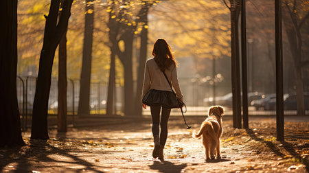 wooman and dog walking alone in urban park at dawnの素材