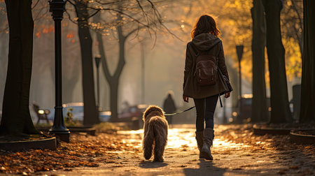 wooman and dog walking alone in urban park at dawnの素材