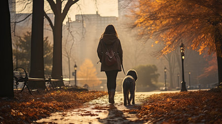 wooman and dog walking alone in urban park at dawnの素材