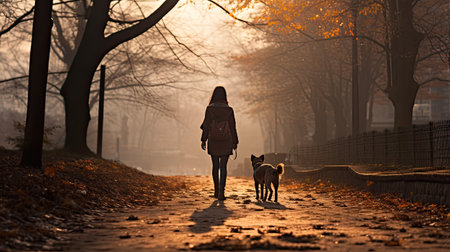 wooman and dog walking alone in urban park at dawnの素材