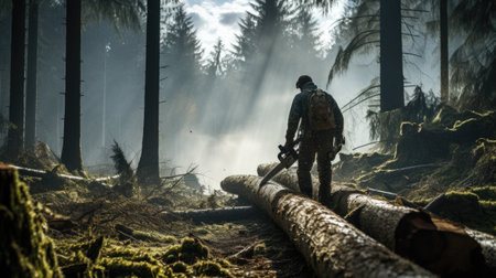 woodcutter cutting pine tree with chainsaw outside in spruce forestの素材