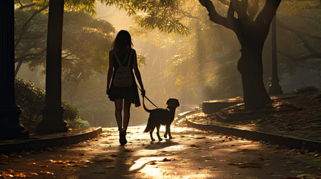 wooman and dog walking alone in urban park at dawnの素材