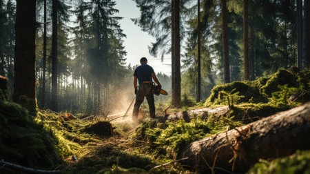 woodcutter cutting pine tree with chainsaw outside in spruce forestの素材