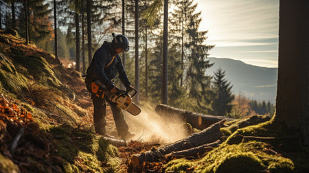 woodcutter cutting pine tree with chainsaw outside in spruce forestの素材