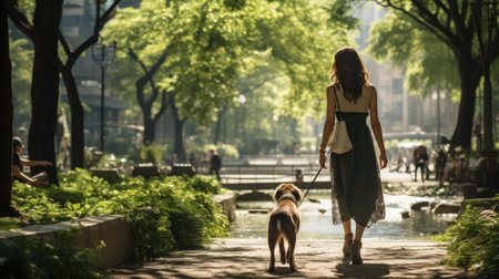 wooman and dog walking alone in urban park at dawnの素材