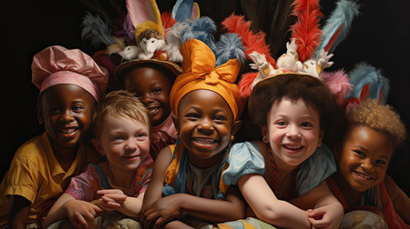 Group of happy children portrait smiling outside together on a sunny dayの素材