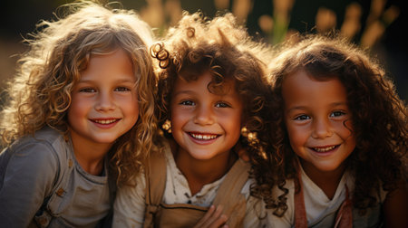 Group of happy children portrait smiling outside together on a sunny dayの素材