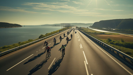man on a bicycle riding alone on asphalt road highwayの素材