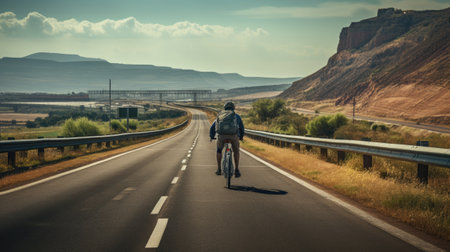 man on a bicycle riding alone on asphalt road highwayの素材