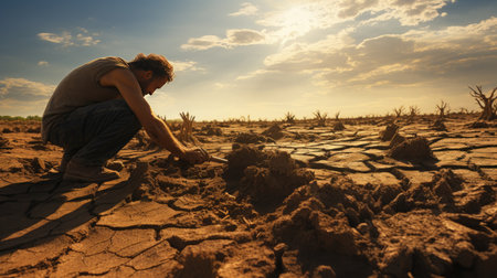 Man alone digging earth in the arid desert ground on sunny hot dayの素材