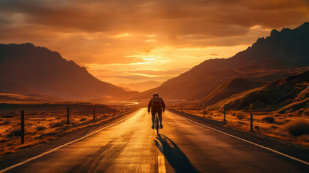 man on a bicycle riding alone on asphalt road highwayの素材