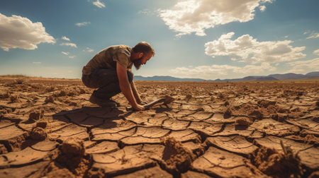 Man alone digging earth in the arid desert ground on sunny hot dayの素材