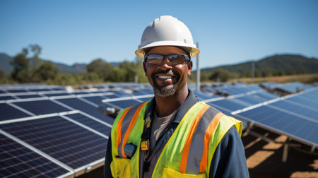 photovoltaic solar panel farm worker  engineer portrait on a sunny day in uniformの素材