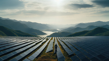 photovoltaic solar panel farm worker  engineer portrait on a sunny day in uniformの素材
