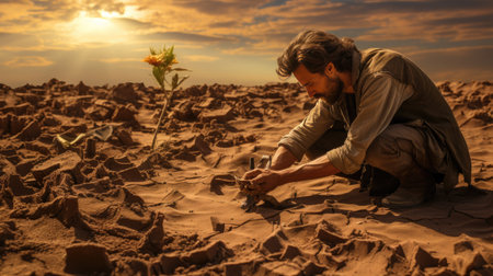 Man alone digging earth in the arid desert ground on sunny hot dayの素材