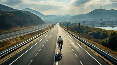 man on a bicycle riding alone on asphalt road highwayの素材