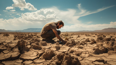 Man alone digging earth in the arid desert ground on sunny hot dayの素材