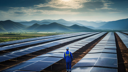 photovoltaic solar panel farm worker  engineer portrait on a sunny day in uniformの素材
