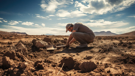 Man alone digging earth in the arid desert ground on sunny hot dayの素材