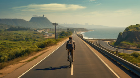 man on a bicycle riding alone on asphalt road highwayの素材