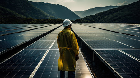 photovoltaic solar panel farm worker  engineer portrait on a sunny day in uniformの素材