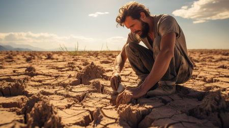 Man alone digging earth in the arid desert ground on sunny hot dayの素材
