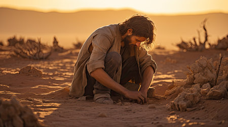Man alone digging earth in the arid desert ground on sunny hot dayの素材