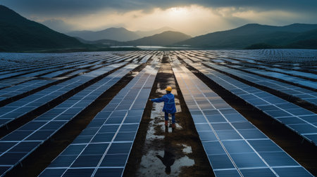 photovoltaic solar panel farm worker  engineer portrait on a sunny day in uniformの素材