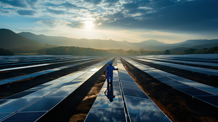 photovoltaic solar panel farm worker  engineer portrait on a sunny day in uniformの素材